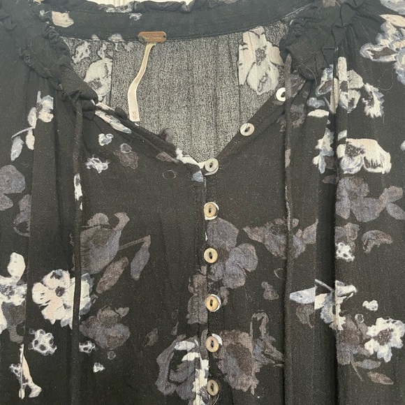 Free People Cloverfield Black Floral Ruffle Tunic Mini Dress | Boho Chic XS - Picture 5 of 13